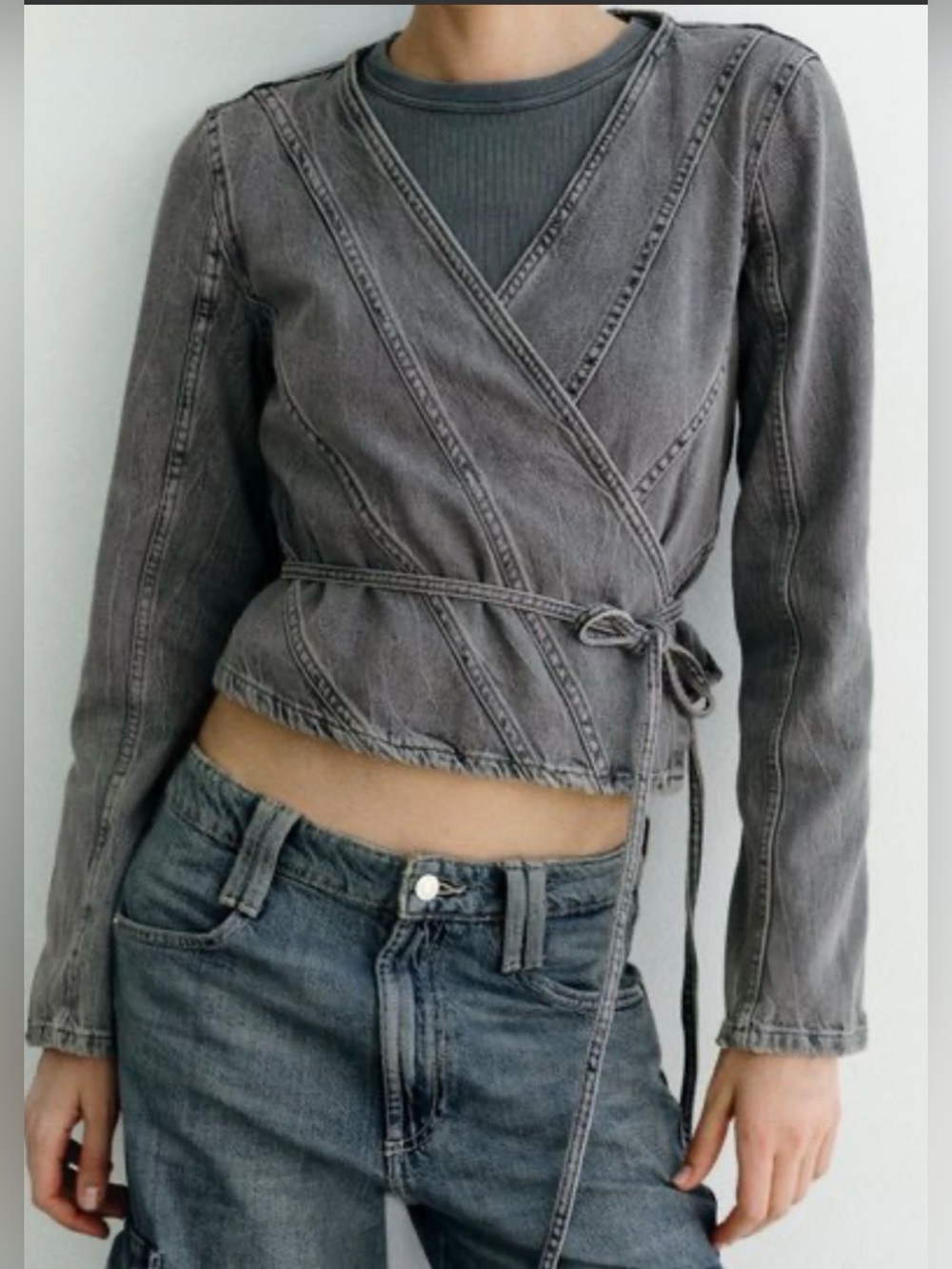 Zara Washed Gray Wrap Denim Self Tie Waist Top.